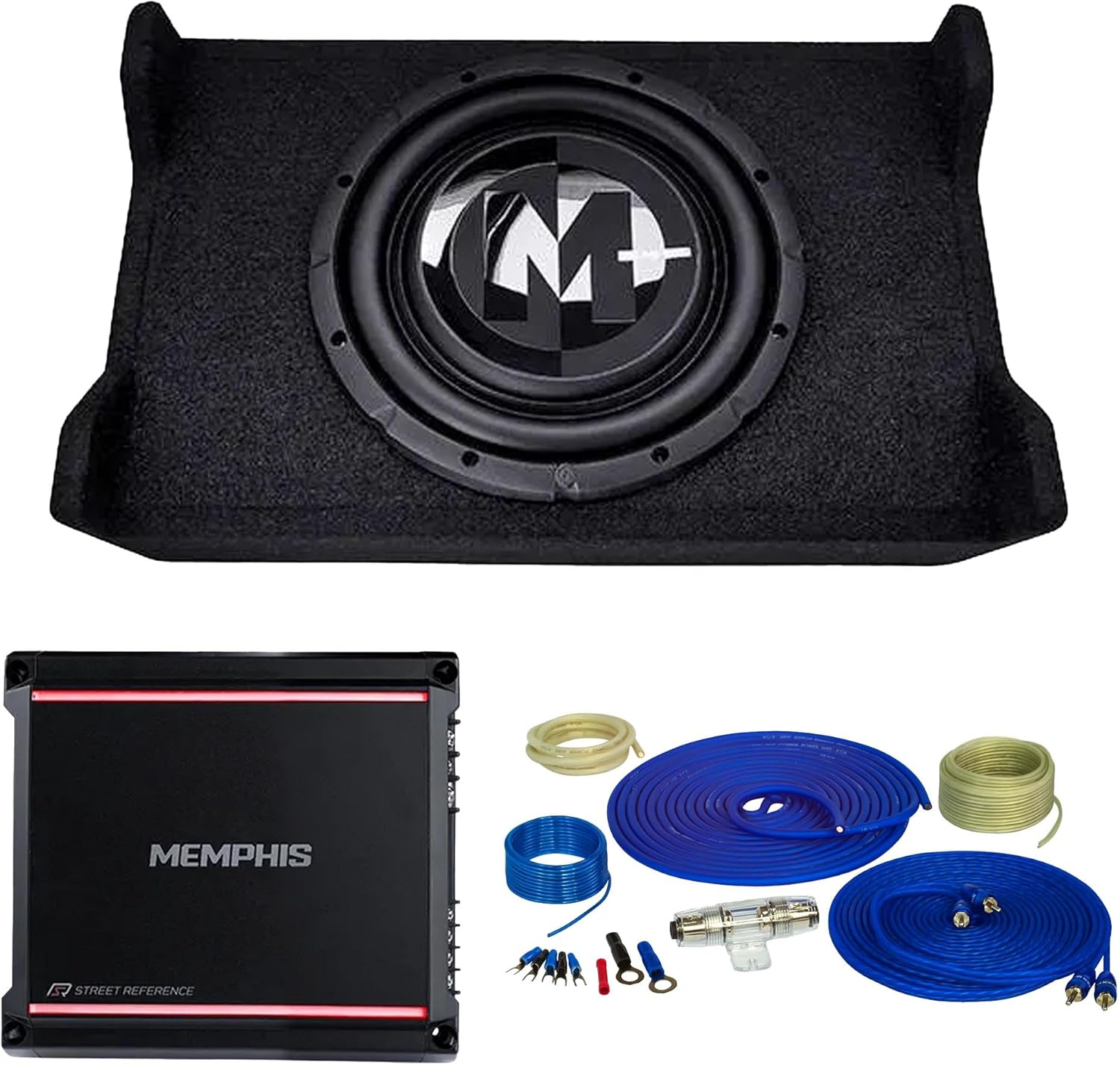 Memphis Audio PRXSE10S2 PR Shallow Single 10” Loaded Enclosure with Memphis 600W Mono Amplifier and Wiring Kit