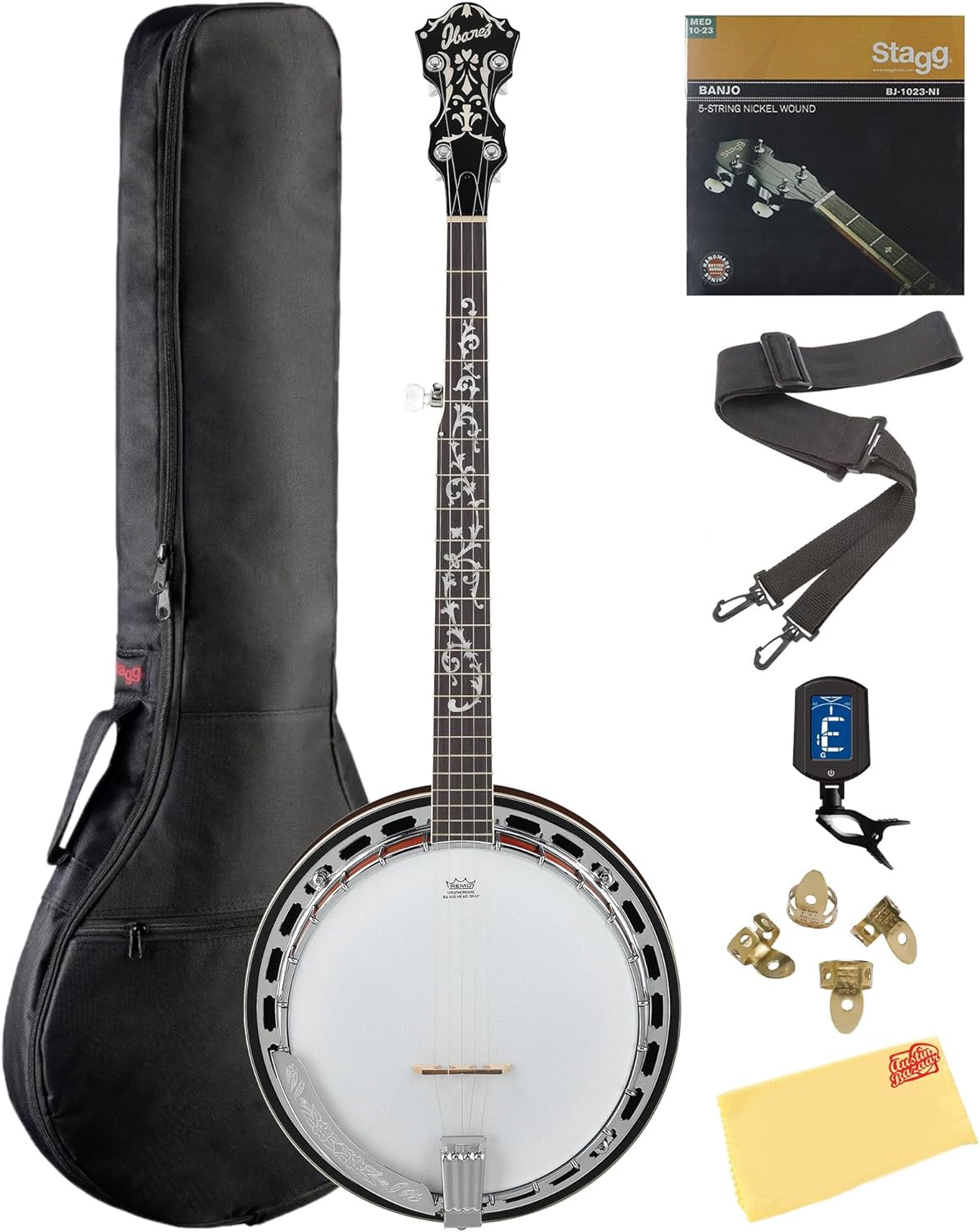 Ibanez B200 5-String Banjo Bundle with Gig Bag, Tuner, Strap, D'Addario Strings, Picks, and Austin Bazaar Polishing Cloth