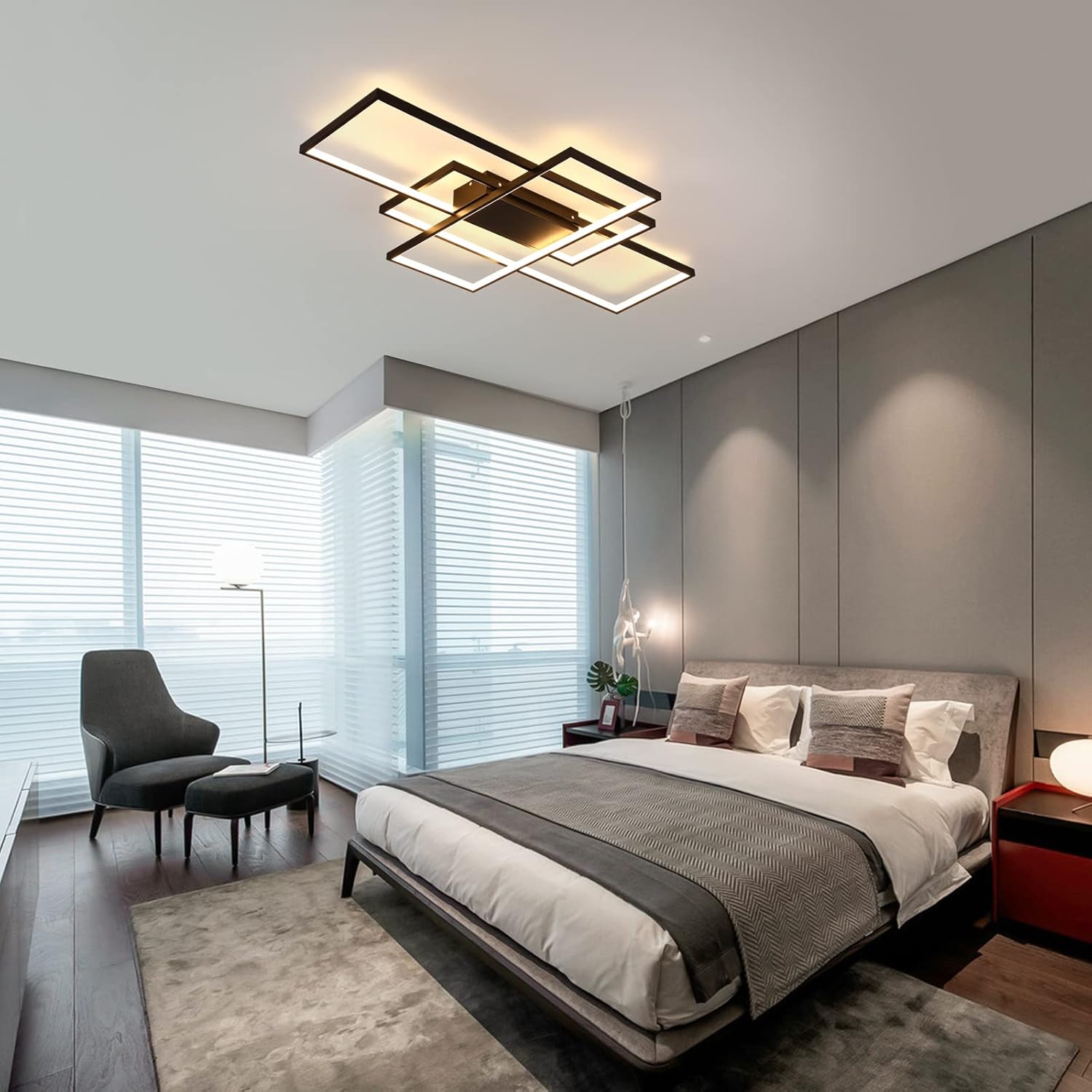 GEADI Modern Extra Large LED Ceiling Lights, Black Dimmable Rectangular Chandelier 68W Flush Mount Ceiling Lamp with Remote 3 Squares Ceiling Light Fixtures for Living Dining Room Kitchen, 41.3in