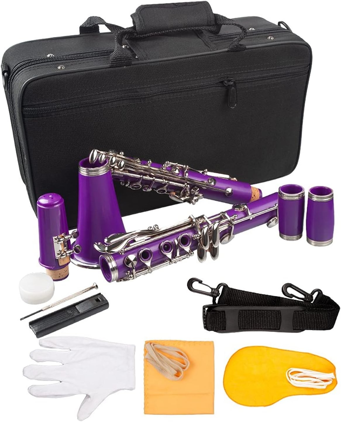 Standard Clarinet Purple ABS Clarinet Bb Cupronickel Plated Nickel 17 Key with Cleaning Cloth Gloves Woodwind Instrument Beginner Clarinet