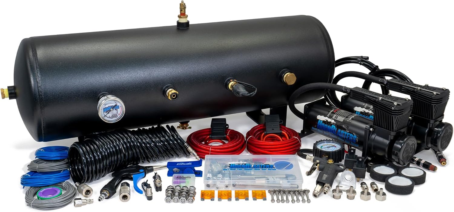 HornBlasters HornAir 844K Onboard Air System – 8-Gallon Tank with Dual Compressors – 150 PSI 12V Air System for Train Horns, Air Tools, Tire Inflation, & Air Suspension