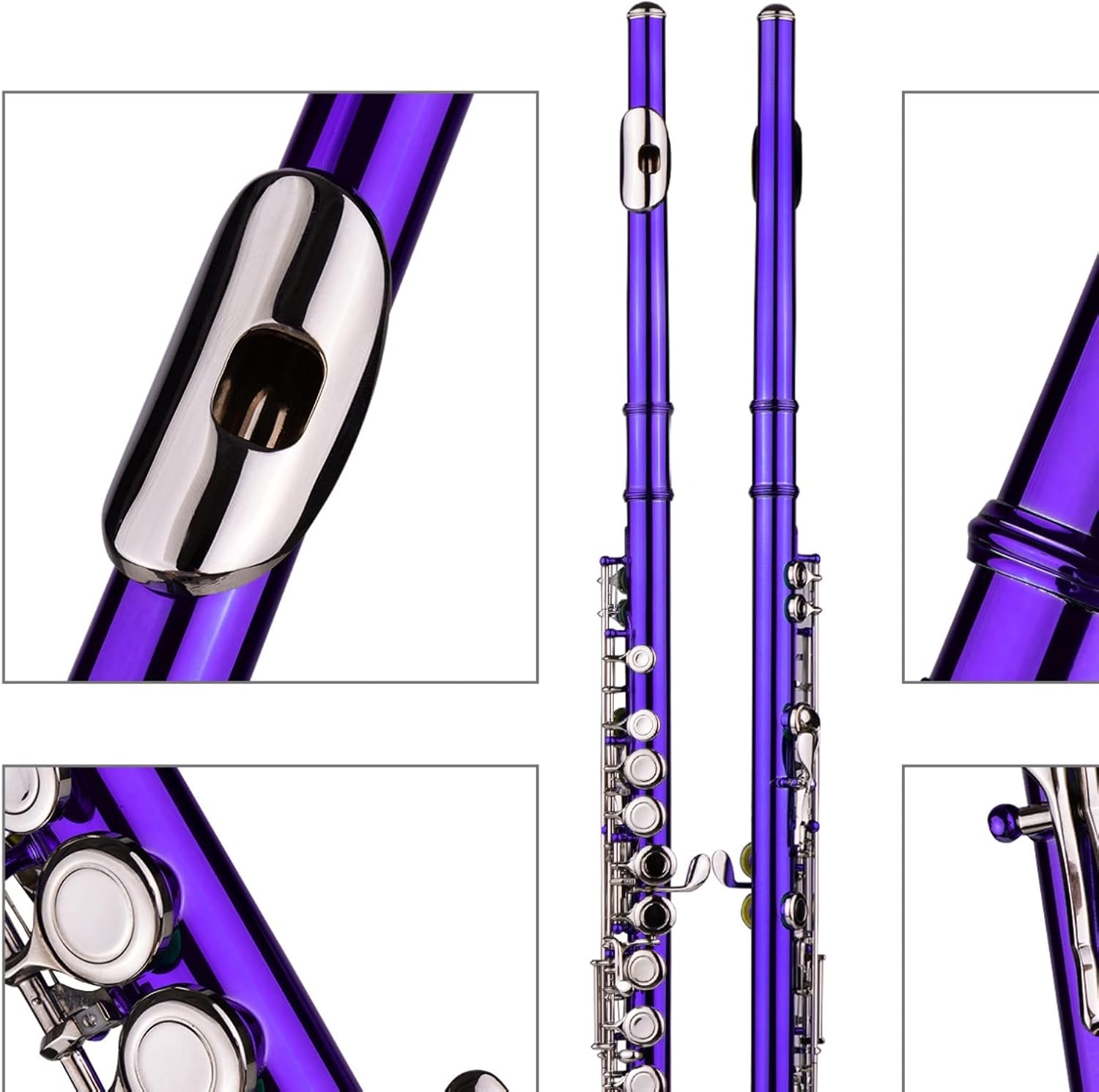 Flute Kit Closed Hole C Flute 16 Keys Cupronickel Nickel- Plated Wind Instrument with Carry Case Flute Stand Gloves Cleaning Cloth Intermediate Flute (Color : Purple)