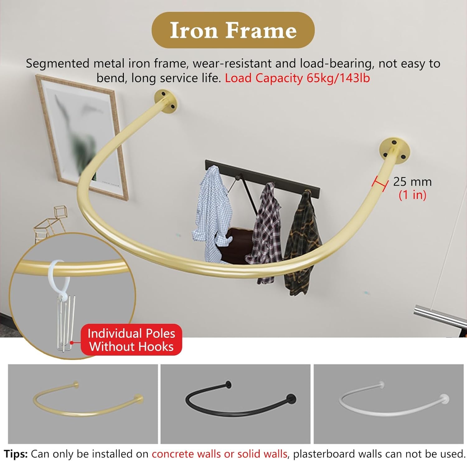 Dressing Room Curtain Rod U Shaped, Wall Mount Fitting Room Pole/Curved Corner Hanging Rods, for Boutique Shop Room Divider Privacy Protection(Gold,90 cm(35 2/5 in))