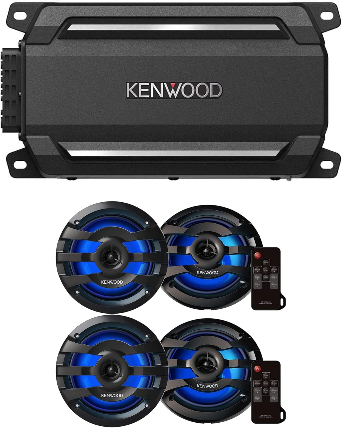 KENWOOD KAC-M5024BT Compact 4-Channel 600 Watt Car Amplifier w Bluetooth Streaming for Marine, ATV & Powersports | Plus 2X KENWOOD KFC-1673MRBL 6.75