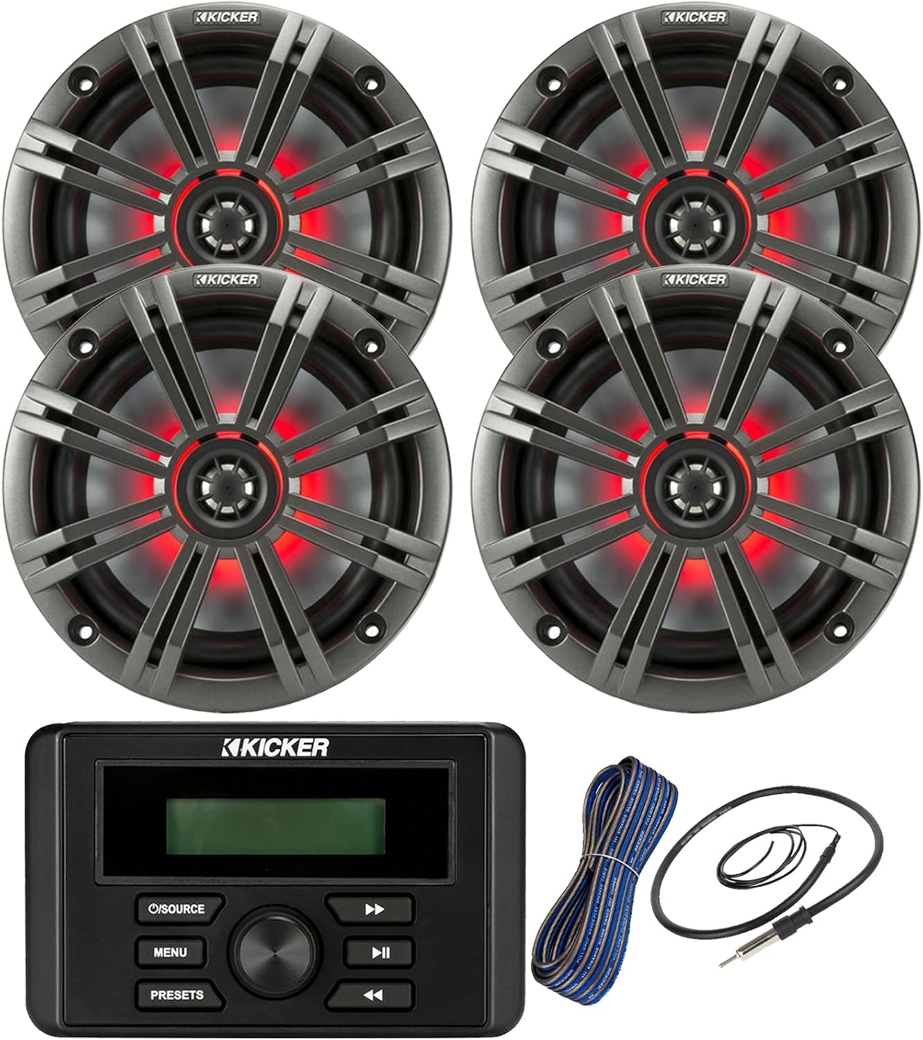 Kicker Weather-Resistant Marine Bluetooth USB RCA Stereo Receiver Bundle Combo with 2 Pair (Qty 4) 6.5