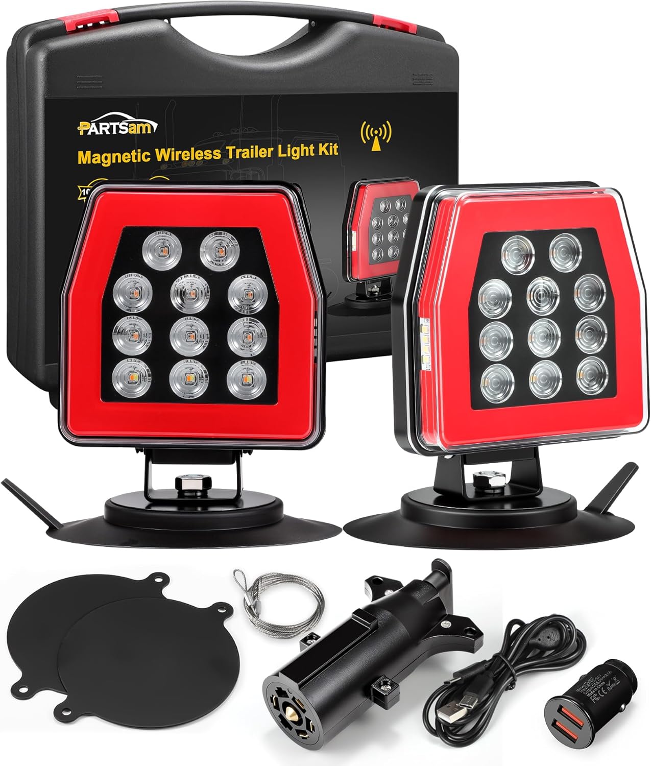 Partsam Wireless Trailer Lights Kit - Magnetic Tow Light with Strobe Lights Reverse Stop Turn Tail Lights with License Plate Light for Trailers, Trucks, Boat, RV 12-24V