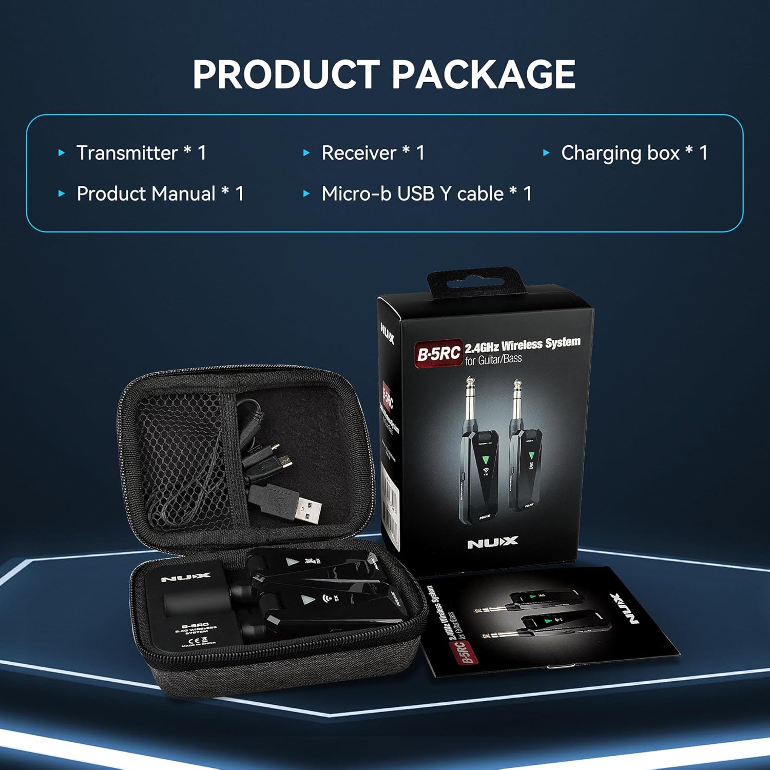 NUX B-5RC Wireless Guitar System with Charging Case, 2.4GHz Wireless Transmitter and Receiver with Active or Passive Pickup，Auto Match, Mute Function, Cabletone Function, Black