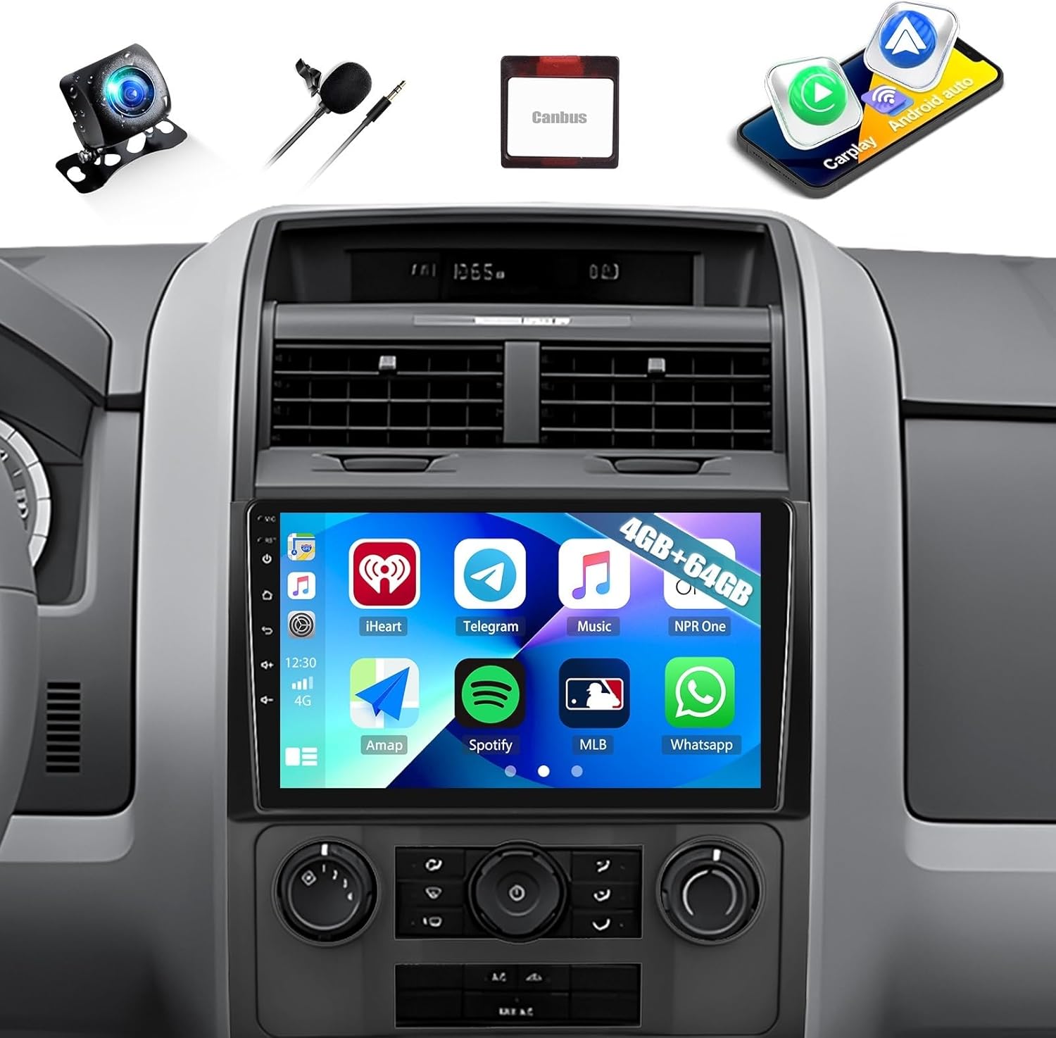 CAMECHO 4+64GB Car Stereo for Ford Escape Radio 2008 2009 2010 2011 2012 with Wireless CarPlay Android Auto, Android 15 Radio, 9