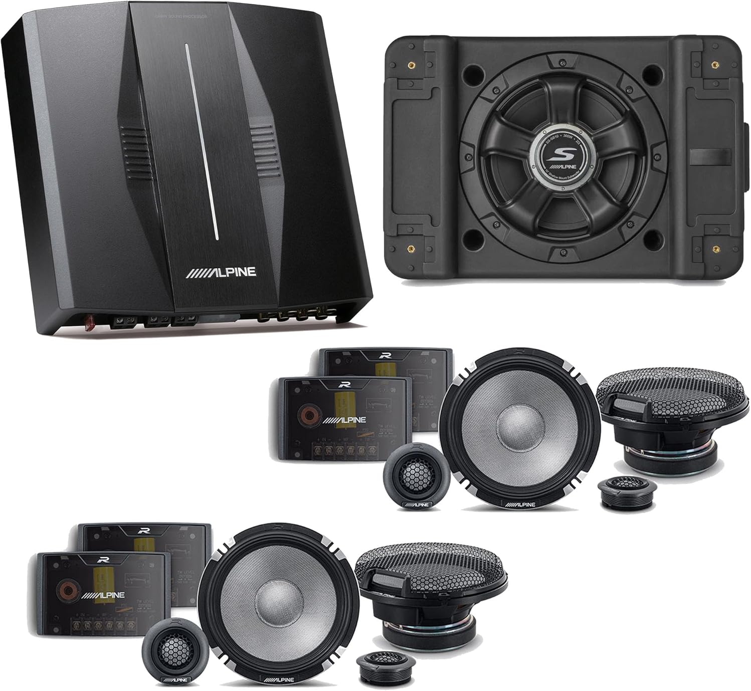 Alpine PXE-C80-88 OPTIM8 8-Channel Hi-Res Digital Sound Processor Amplifier w/SS-SB10 Subwoofer, (2) R2-S652 Bundle