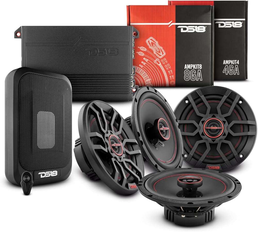 DS18 Complete Car Sound Upgrade - 4X Coaxial Speakers with Under Seat Subwoofer and Amplifier for Immersive Audio