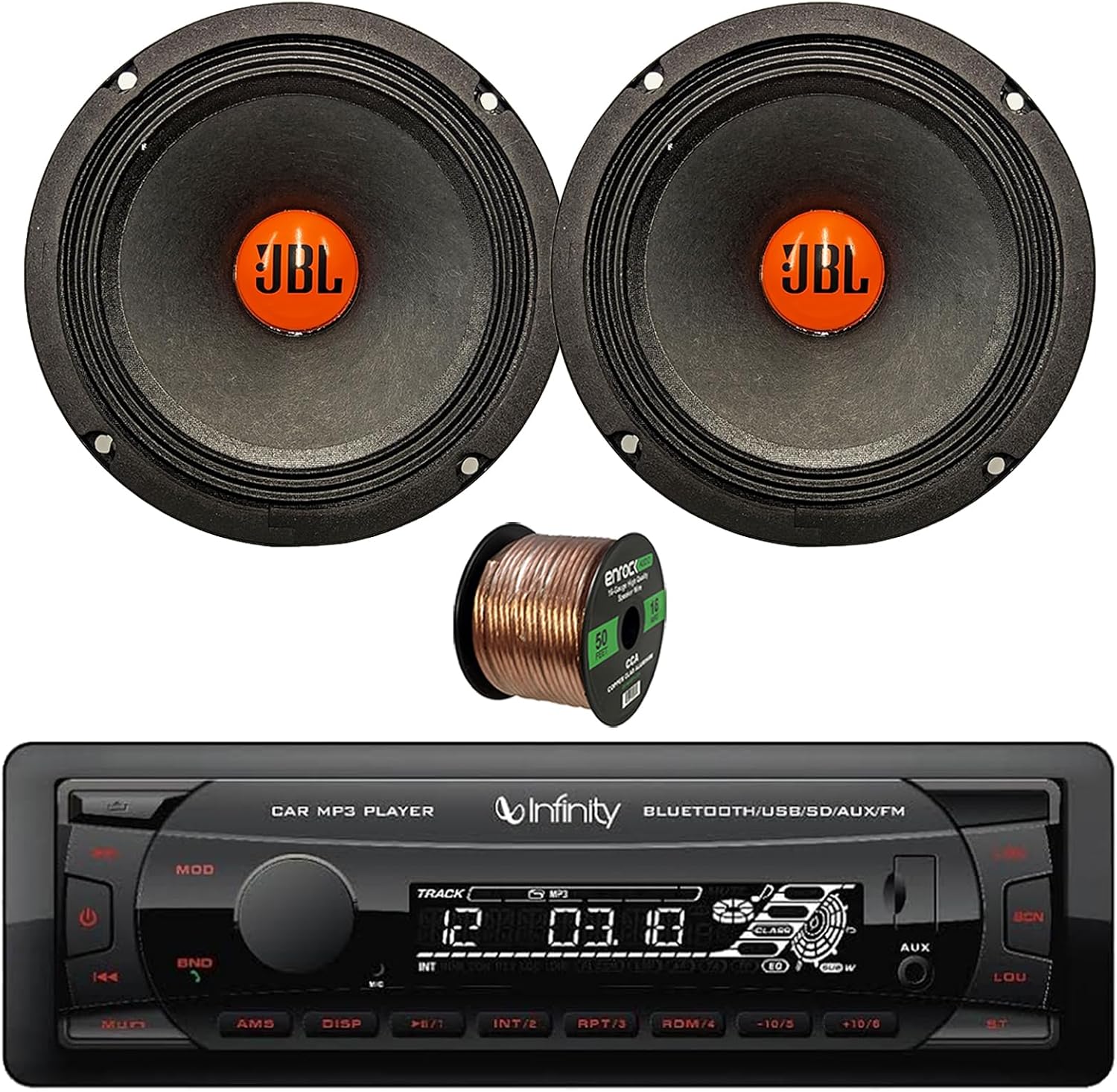 Car Audio Package: Single DIN Bluetooth USB/AUX/SD FM Radio MP3 Digital Media Black Vehicle Receiver with 6.5