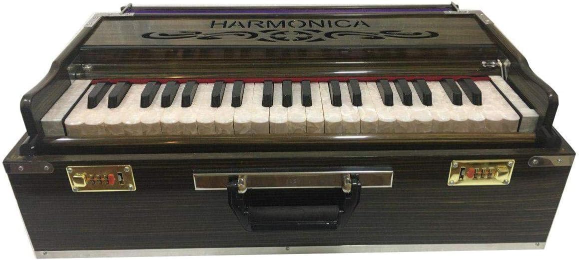 Indian Music Instrument 9 Stoppers Portable Harmonium with Chudidaar Bellow 42 Button 2 Reed Bass Male Reverse Backward Coupler Made Wood
