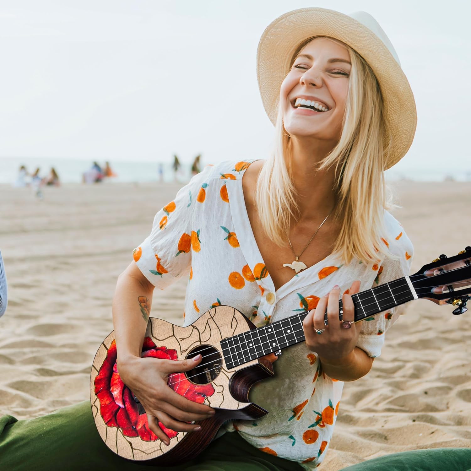 Caramel TEM39 26-inch Tenor Acoustic-Electric Ukulele with Florentine Cutaway, All Solid Spruce & Rosewood, Unique Rose Flower Decorative Top, Handmade Professional Ukulele Kit with Accessories