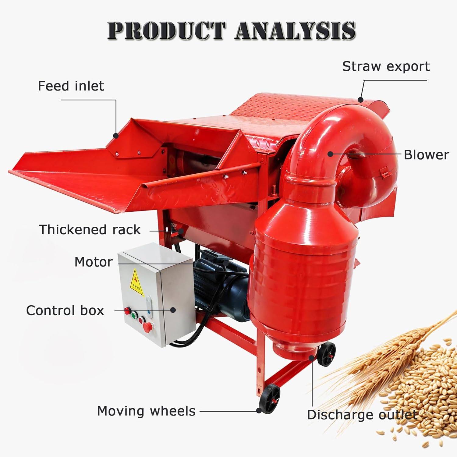 Rice and Wheat Thresher Machine with Blower Grain Huller Peeler for Rice, Beans, Barley, Soybean,Sorghum 220V 2.2KW 300-600kg/h