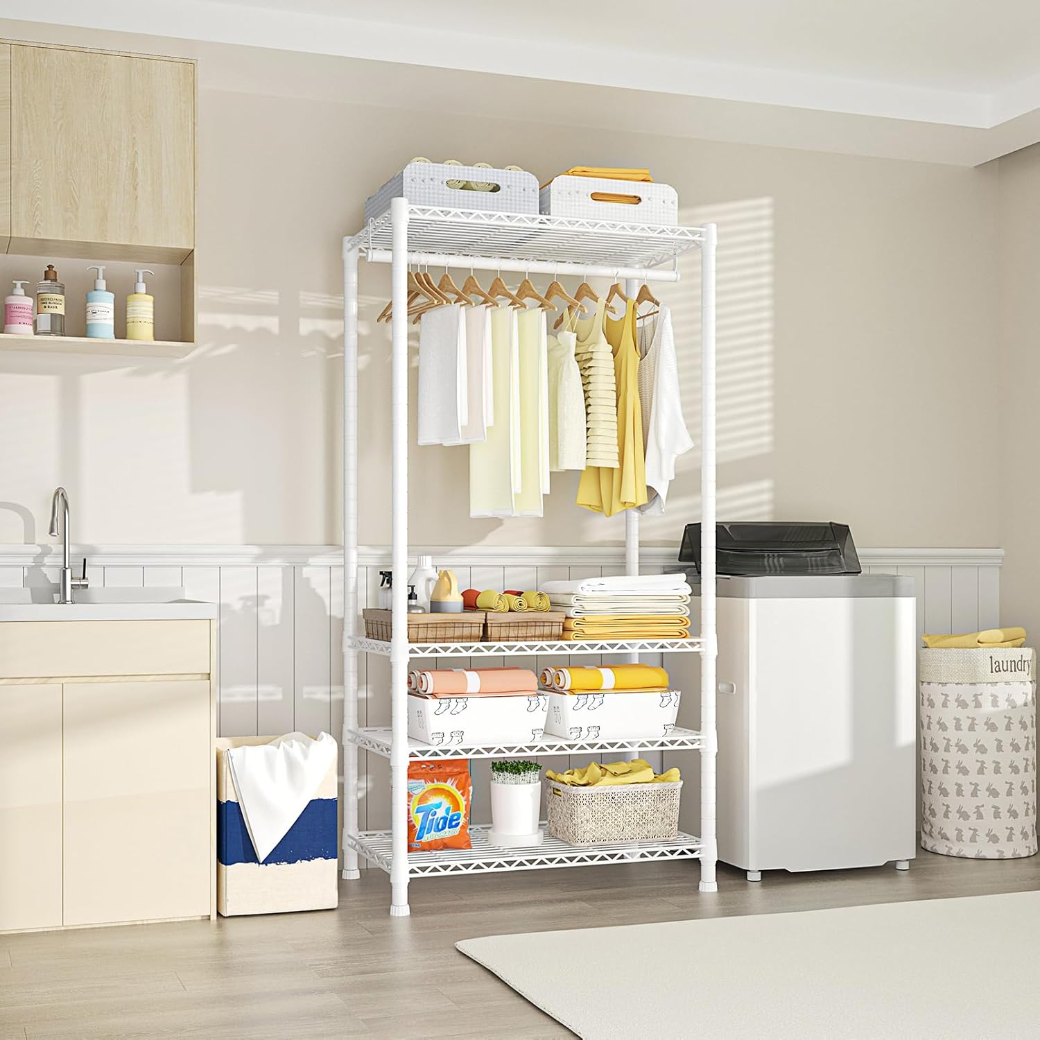 Ulif H2 Heavy-Duty Portable Closets, 4-Tier Freestanding Garment Rack Suit for Small Space and Corner, Closet Organizer System Portable Closet Wardrobe, Max Load 500 LBS, White