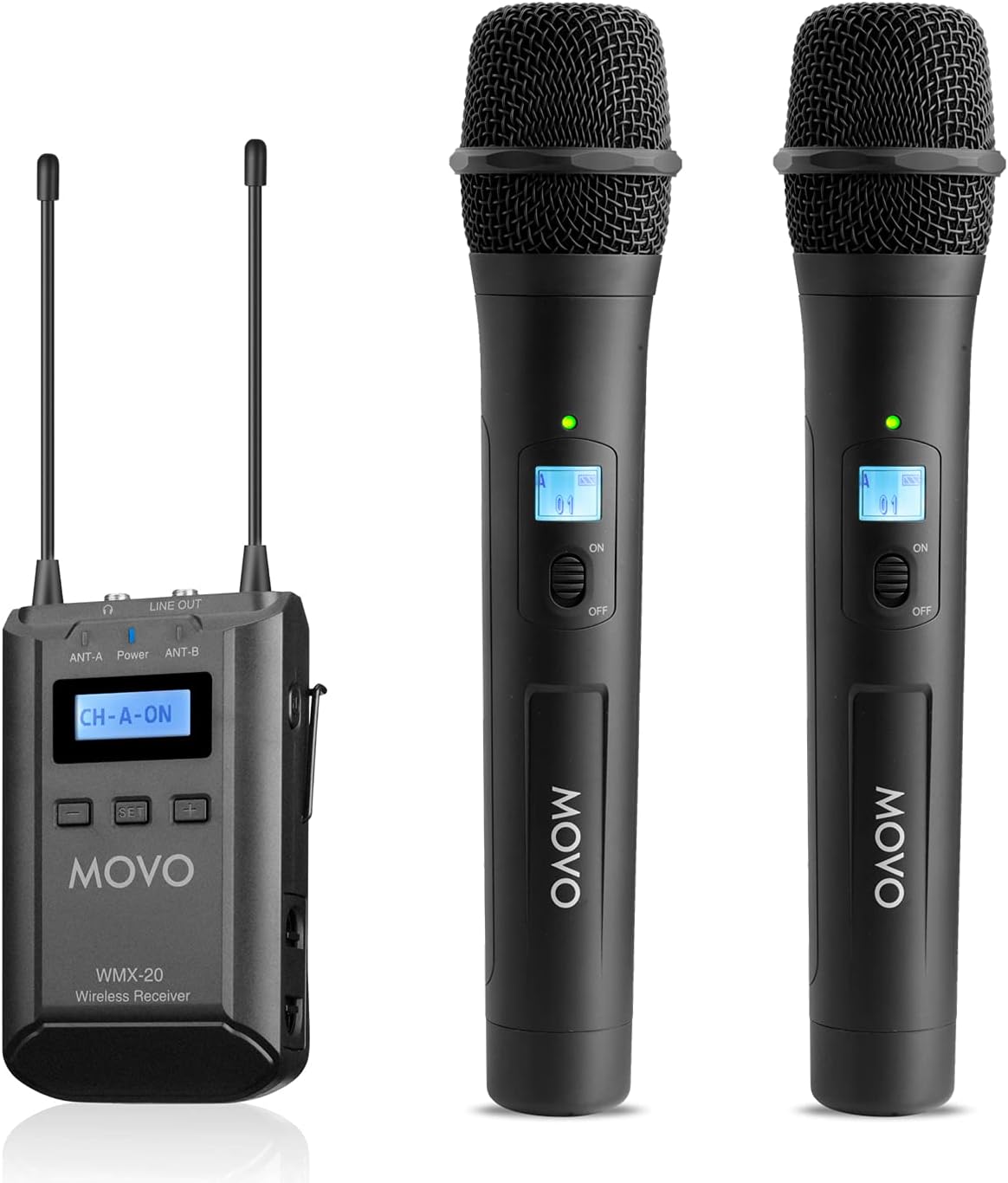 Movo 48-Channel UHF Wireless Microphone System with 2 Wireless Microphones and Receiver - Condenser Microphone Bundle for Interviews and Performances - Podcast Equipment Bundle for 2