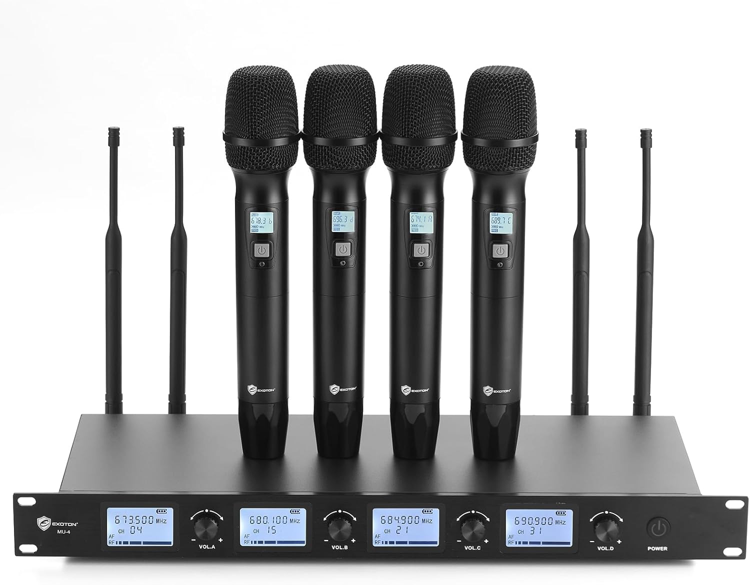 EXOTON MU-4 Wireless Microphone System, 4 Channel UHF Cordless Handheld Mics Set - 10 Selectable Frequencies 500-598MHZ, Auto Scan & Memory Function, 300ft Range, Perfect for Events, Karaoke