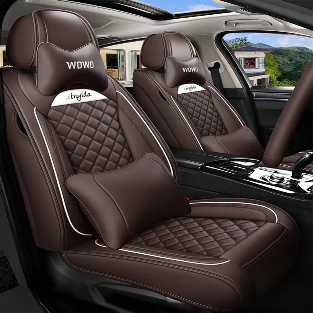 Car Seat Covers with Pillows Compatible with Tundra Durable PU Leather Cushion Covers for 5 Seats Vehicle, Auto Interior Accessories Airbag Compatible (Coffee)