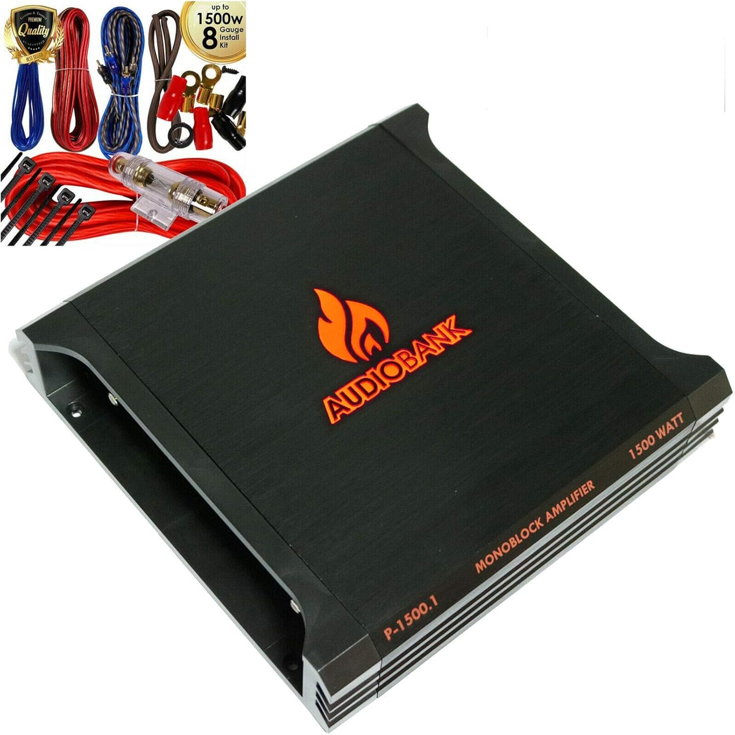 Audiobank P1500.1 1500 Watt 2-Ohm Stable 2 Channel Bridgeable & TRI-Mode Operation Stereo Amplifier + Complete 1500 Watts 8 Gauge Car Amplifier Installation Wiring Kit