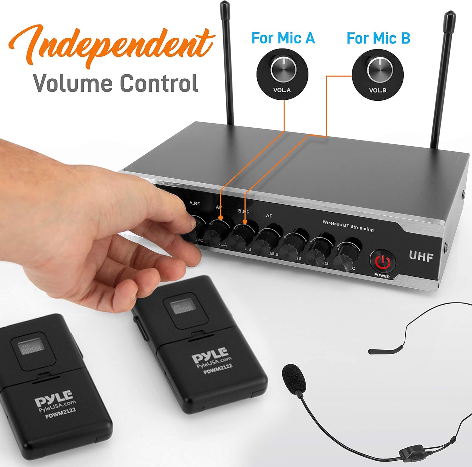 Pyle Portable Uhf Wireless Microphone System - Bluetooth Cordless Headset Lapel Lavalier Microphone Set W/ 2 Battery Operated Beltpack Transmitters, Receiver, Aux, for PA Karaoke DJ Party - PDWM2122