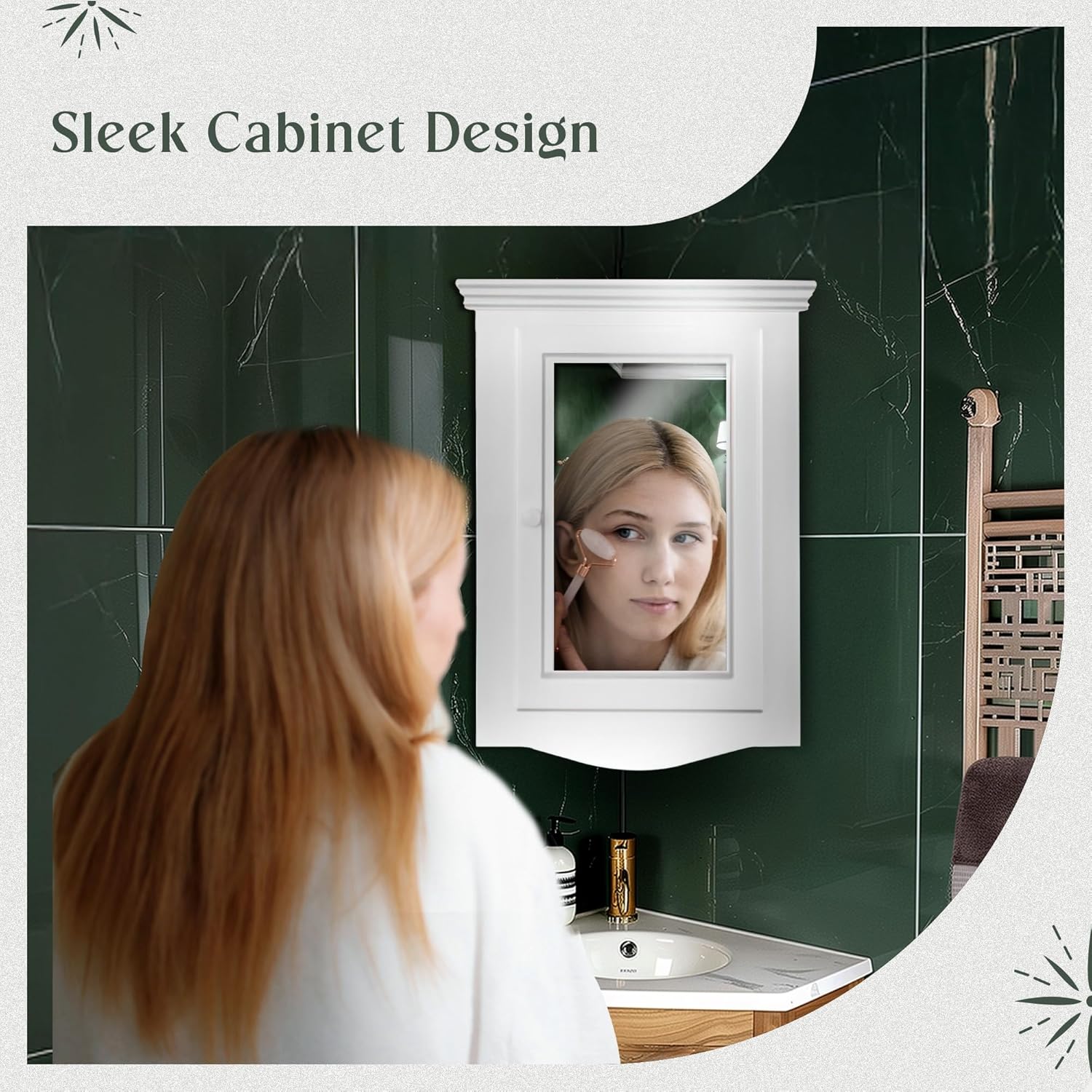 Renovators Supply Manufacturing White Corner Wall Mount Medicine Cabinet with Mirror Wooden Bathroom Storage 27 X 20 Inches Double Shelf Storage Cabinet Pre-Assembled with Hardware