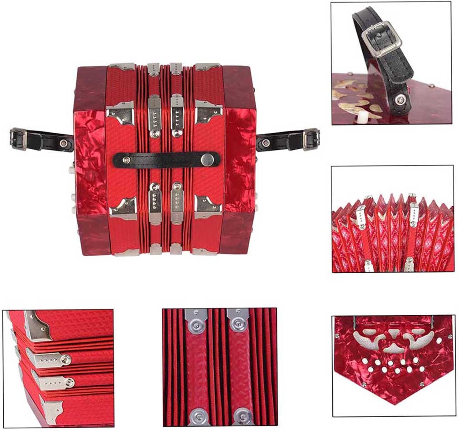 Tissting Concertina, 20 Keys Accordion For Adults, 20 Button 40 Reeds Anglo Style With Carrying Bag, Anglo Style Gc Tuned Accordion With Leather Strap And Carry Bag Red