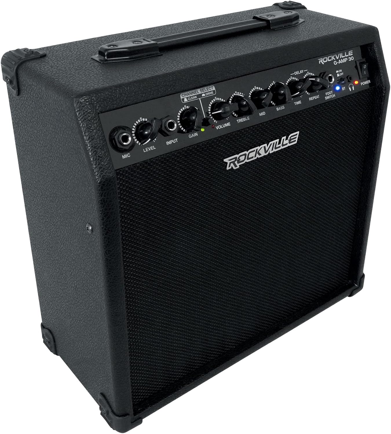 Rockville G-AMP 30 Watt Guitar Combo Amplifier, Bluetooth, Mic Input, Footswitch, Delay Effect, for Home Practice and Small Gigs