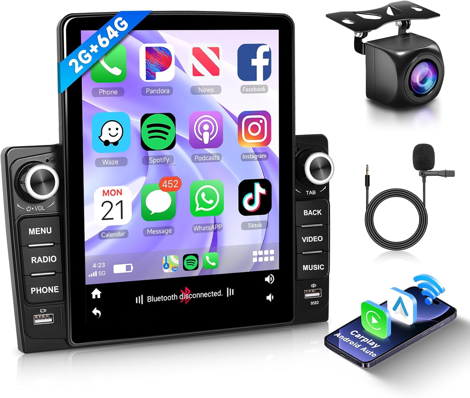 2G+64G Android Car Radio 9.5 Inch Double Din Wireless Carplay Android Auto, Hodozzy Vertical Screen Car Stereo for Most Models with Bluetooth Mirror Link WiFi GPS FM/RDS Radio SWC+Backup Camera