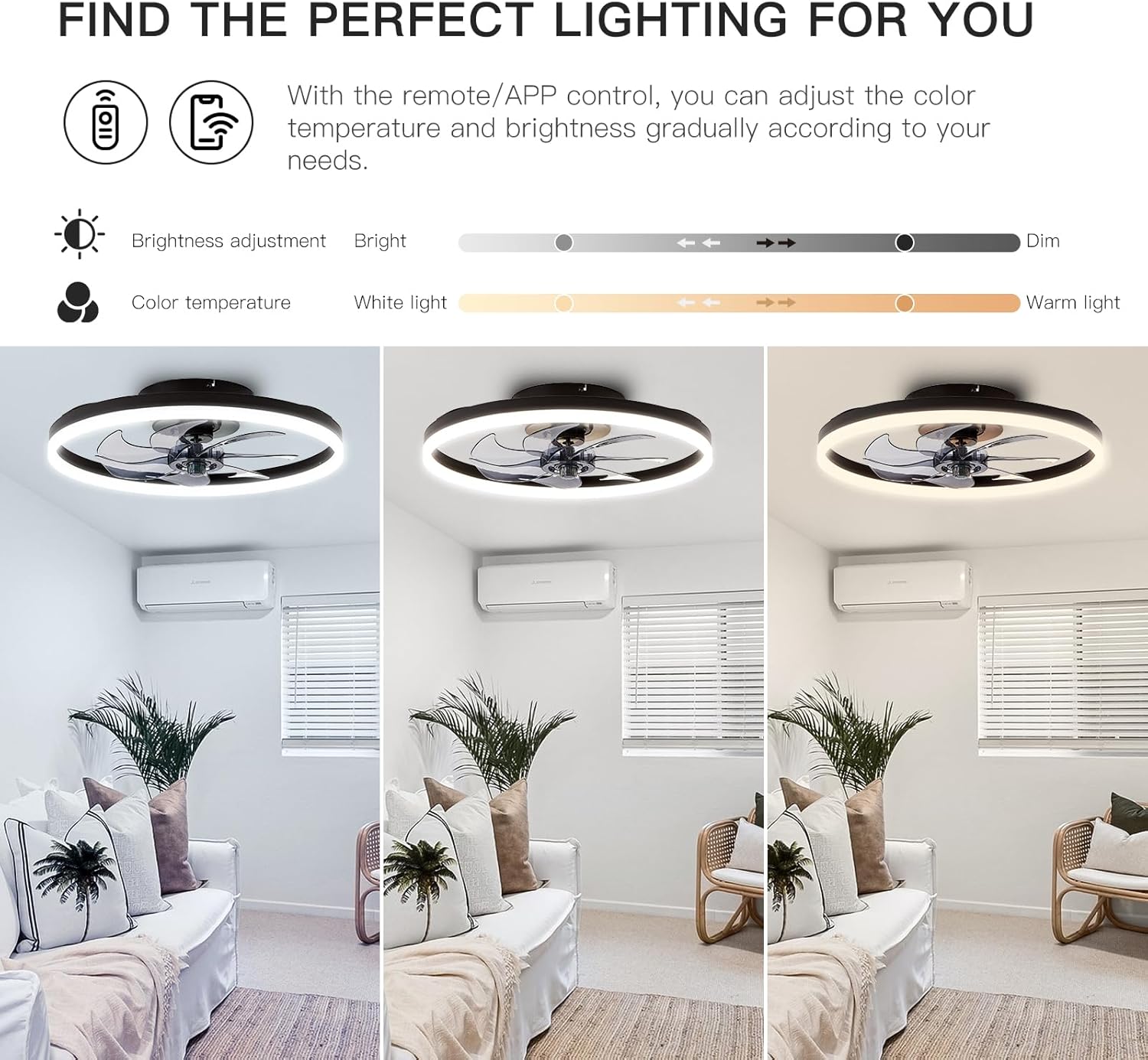 STERREN 20'' Modern Low Profile Ceiling Fan with Light, Bedroom LED Ceiling Fan with Remote Control, Bladeless Flush Mount Black Fan Lights Ceiling Fixtures for Living Room,Small Room