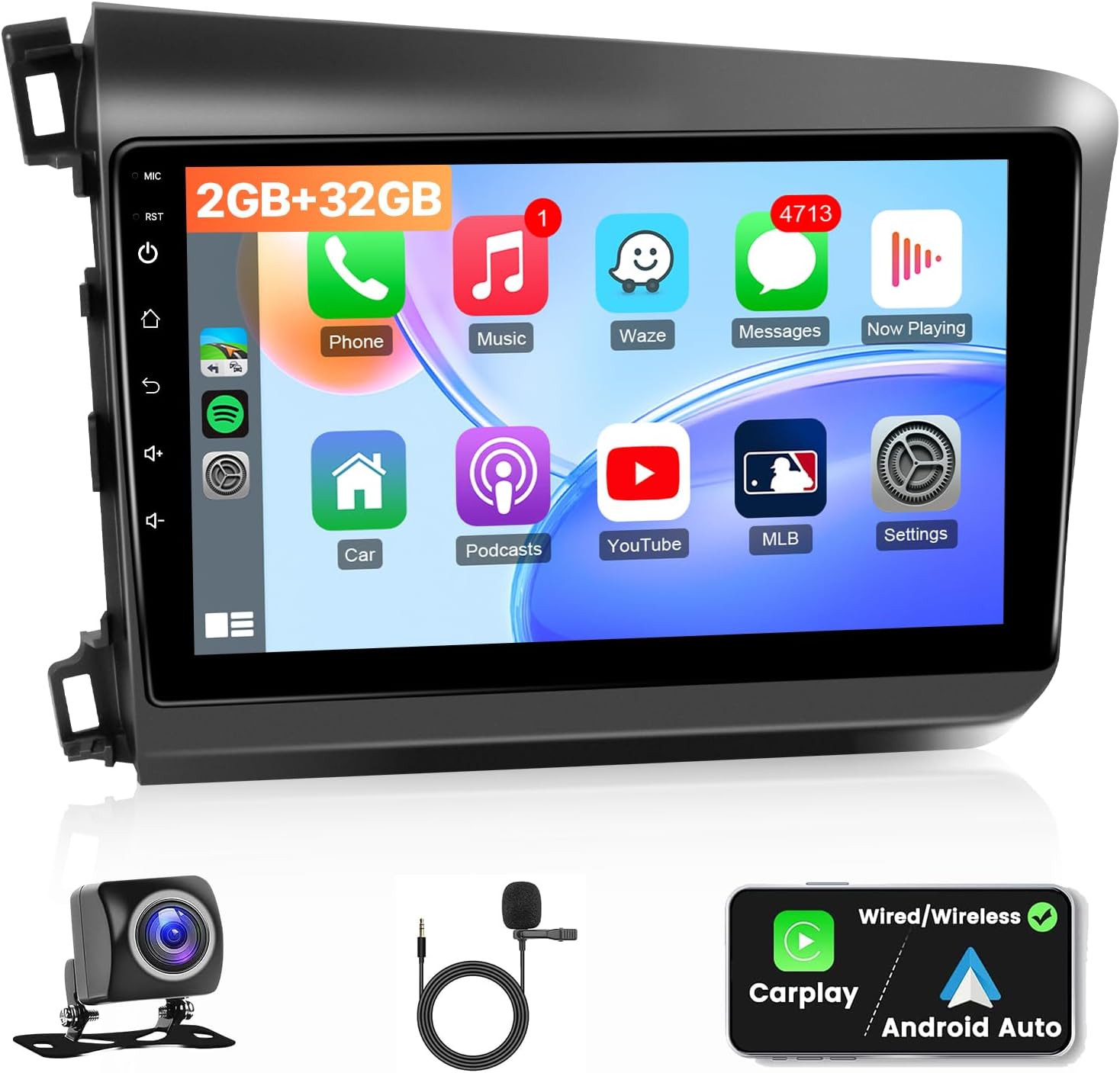 Car Stereo Radio for Honda Civic 2012 2013 2014 2015, Wireless Carplay Android Auto, 9 inch IPS Screen for Civic, GPS Navigation,Bluetooth,FM,SWC,Backup Camera, 2G+32G (Fit for Honda Civic 2012-2015)