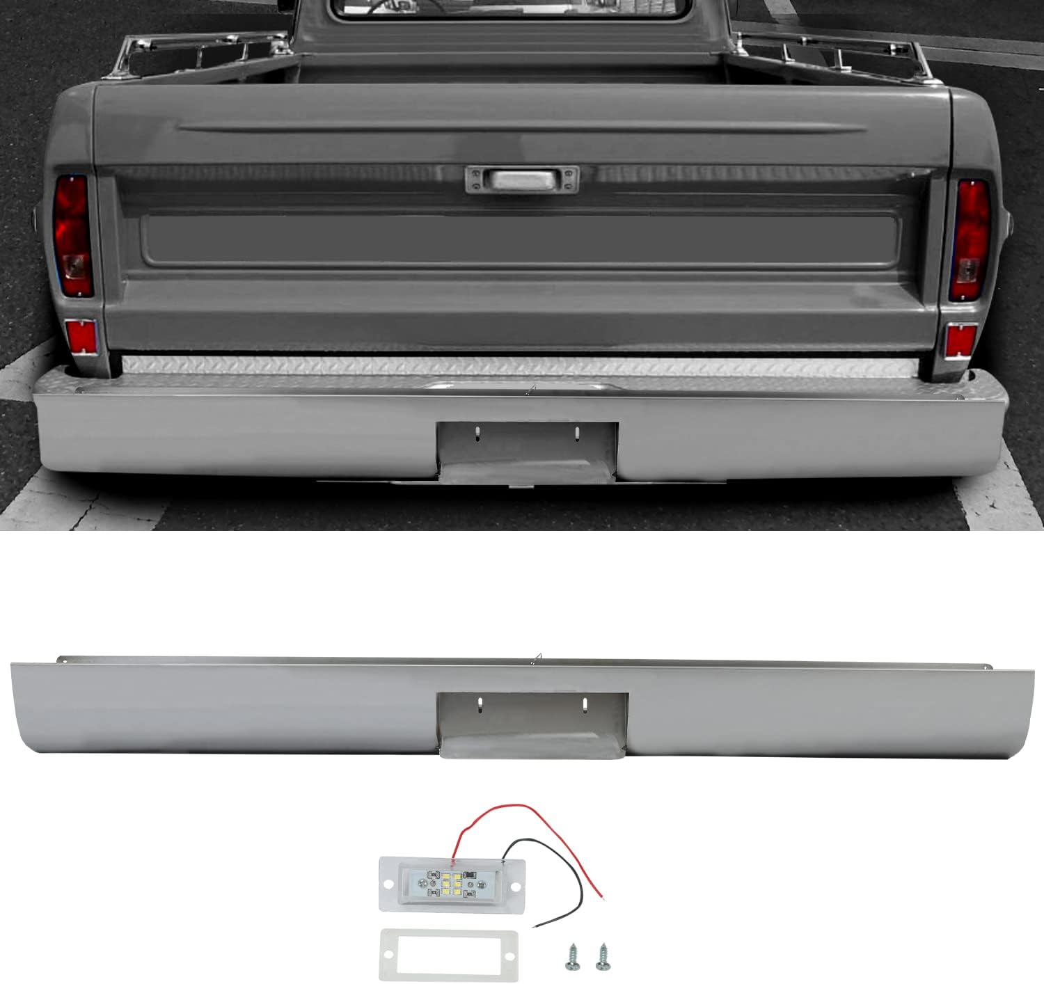KUAFU Rear Bumper Roll Pan Compatible with 1967-1972 Ford F100 Fleetside w/License Plate Hole & LED Light Steel Rollpan