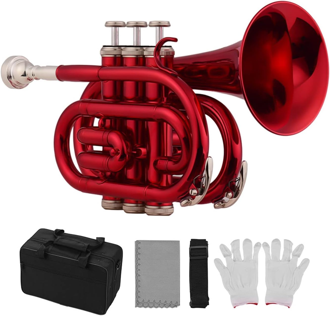 Trumpets Beginner Mini Pocket Trumpet Bb Flat Brass Material Wind Instrument with Mouthpiece Gloves Cleaning Cloth Carrying Case Trumpet Set (Color : Crimson)