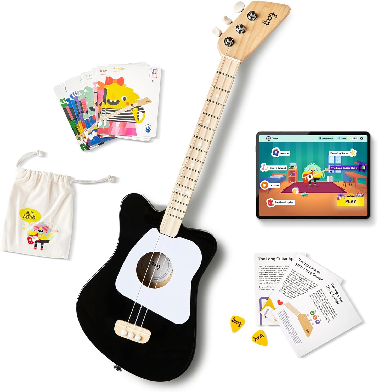 Loog Mini Acoustic kids Guitar for Beginners 3-strings Ages 3+ Learning app and lessons included
