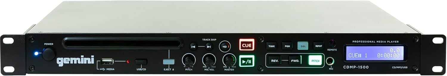 Gemini Professional Rackmount CD Player - DJ CD Player with Pitch Control, USB Media Player, Anti-Shock Technology, XLR/RCA Outputs, Remote Control for Venues, Studios & Events (CDMP-1500)