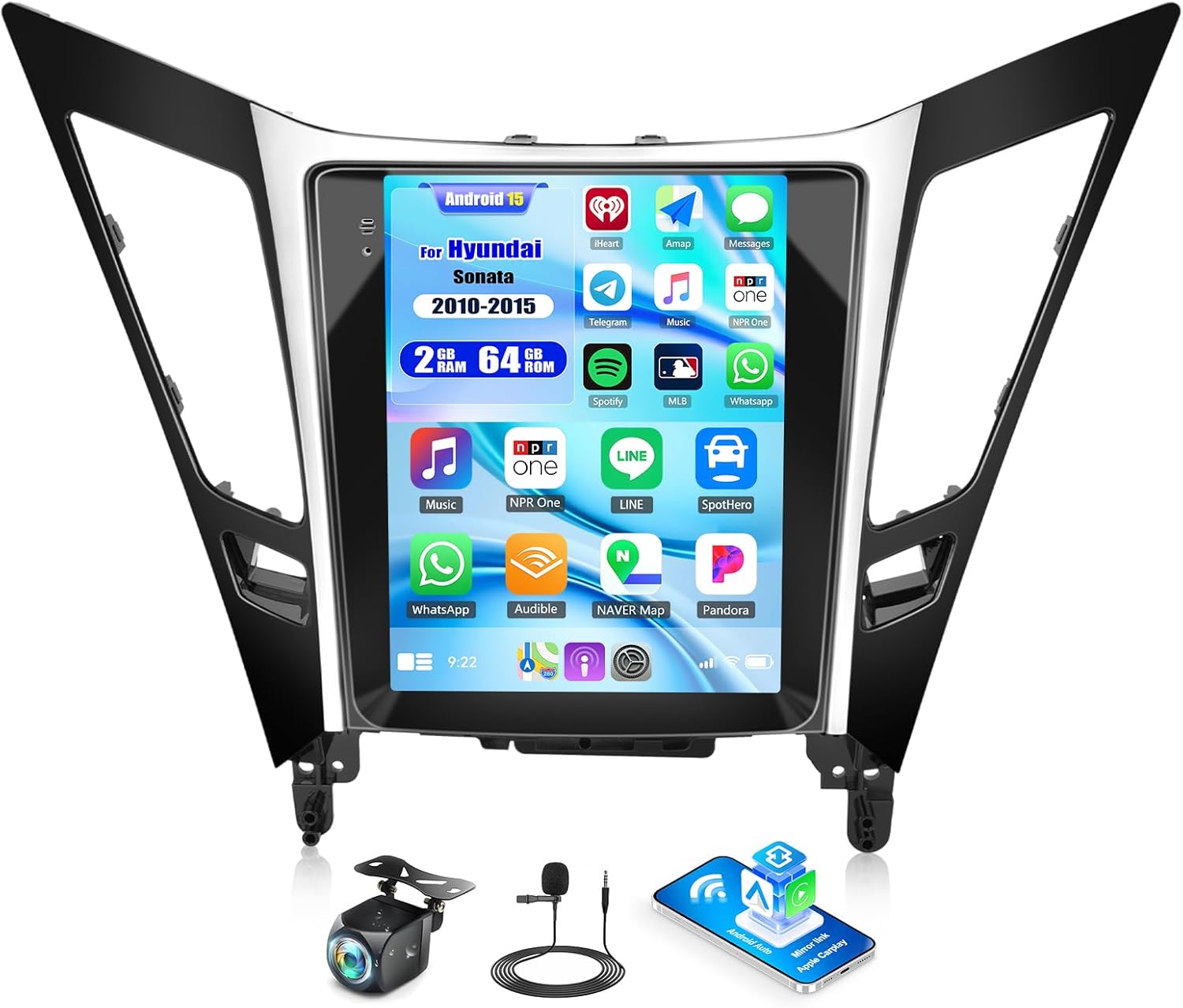 Android 15 Car Stereo for Hyundai Sonata 2010-2015 with 9.7 inch Wireless Carplay Android Auto Touch Screen 2G+64G Car Radio with Bluetooth, GPS, EQ, WiFi + AHD Backup Camera & MIC