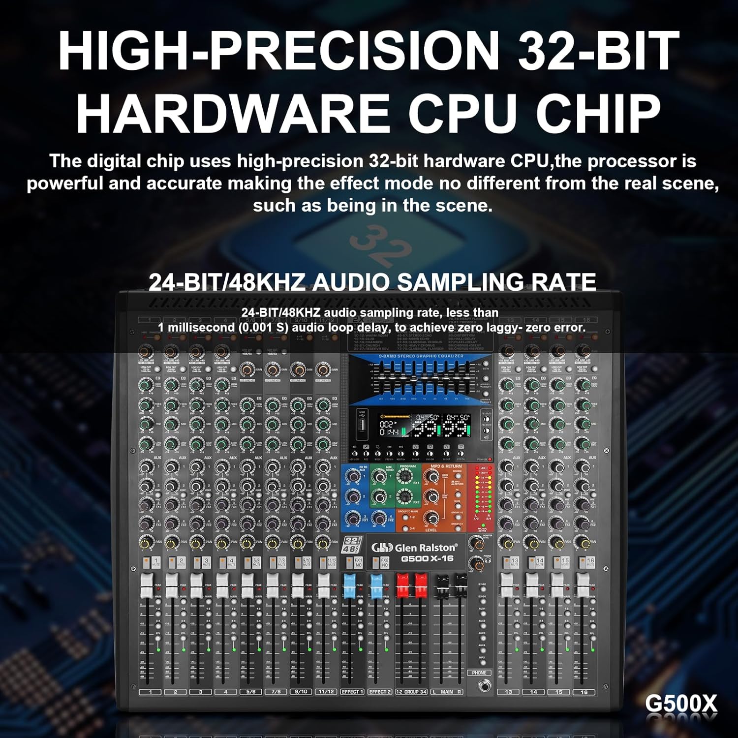 G500X 12 16 20 24 32 Channels Audio Mixer, 99 DIGITAL EFFECTS LCD Display，Bluetooth/USB Interface Processor MP3, Headphone,+48V Phantom For Karaoke Studio Streaming Recording Stage (G500X-24)