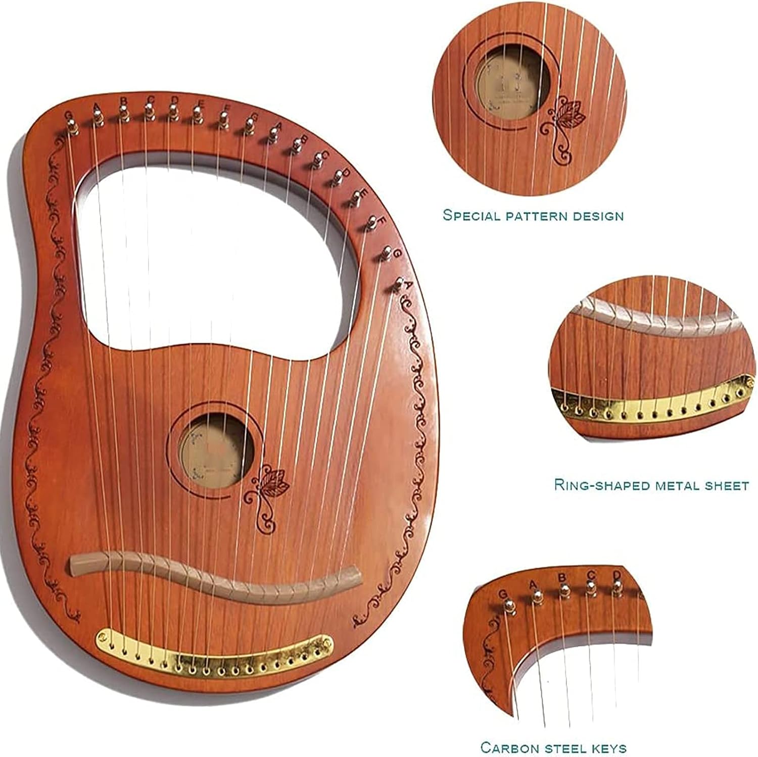 Hand Made Lap Harp, Lyre Harp 16 Metal Strings,Lute Guitar Mahogany Lyre Suitable Harp Instrument Mountain Dulcimer Best Gift For Music Lovers, Beginners, Children, Adult Harp