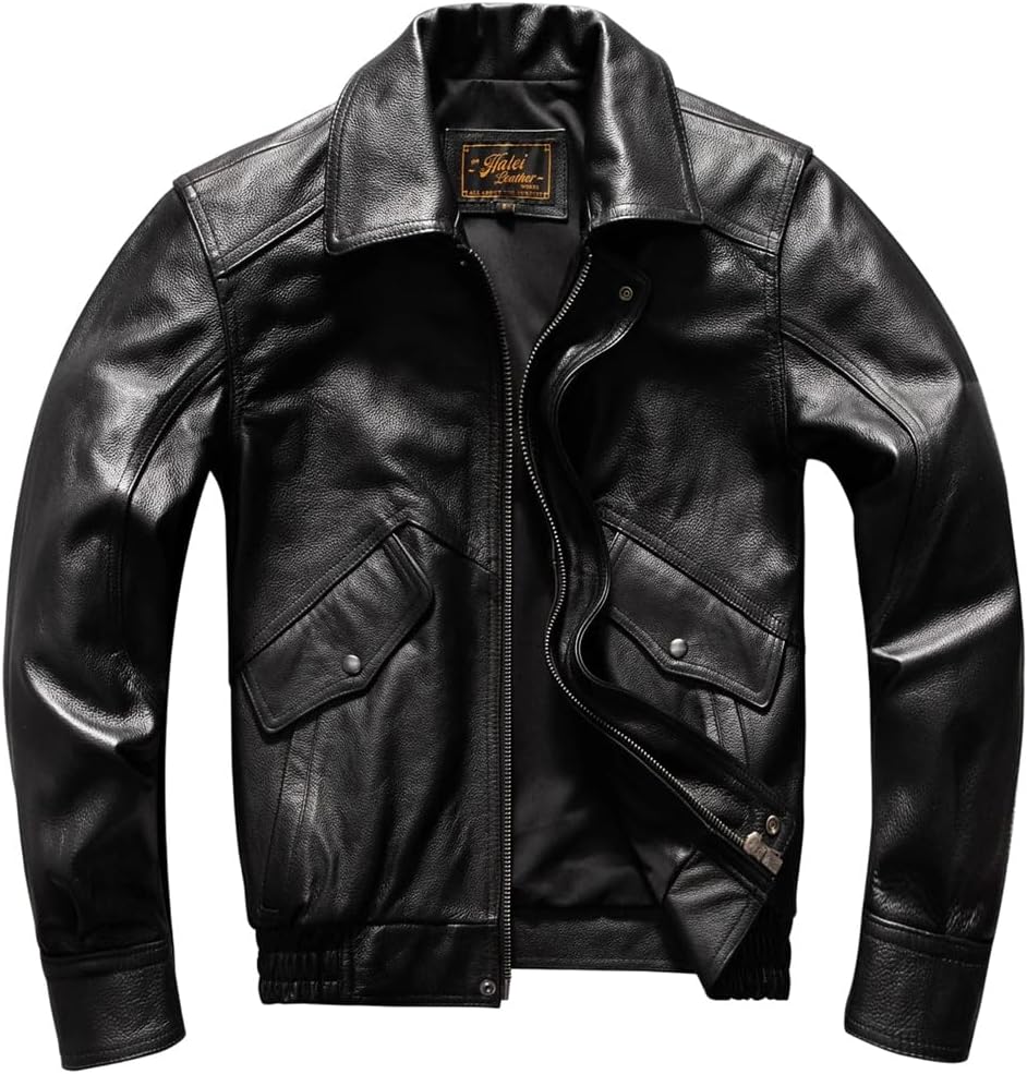 Men Retro Genuine Natural Cowhide Turn-Down Collar Loose Black Winter Leather Jacket Coat