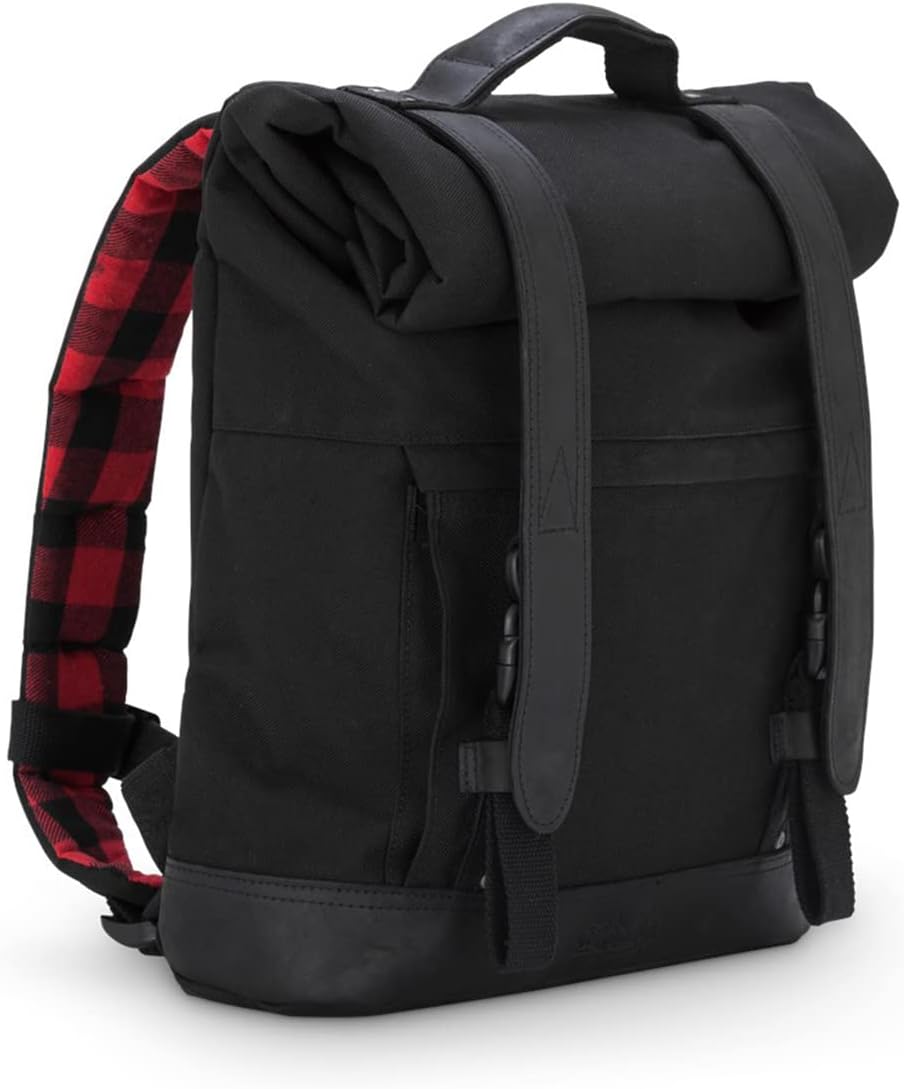 BURLY Brand Roll Top Backpack - Genuine Leather and Black Cordura - Motorcycle Accessory Luggage Built For Speed, (B15-1020B)