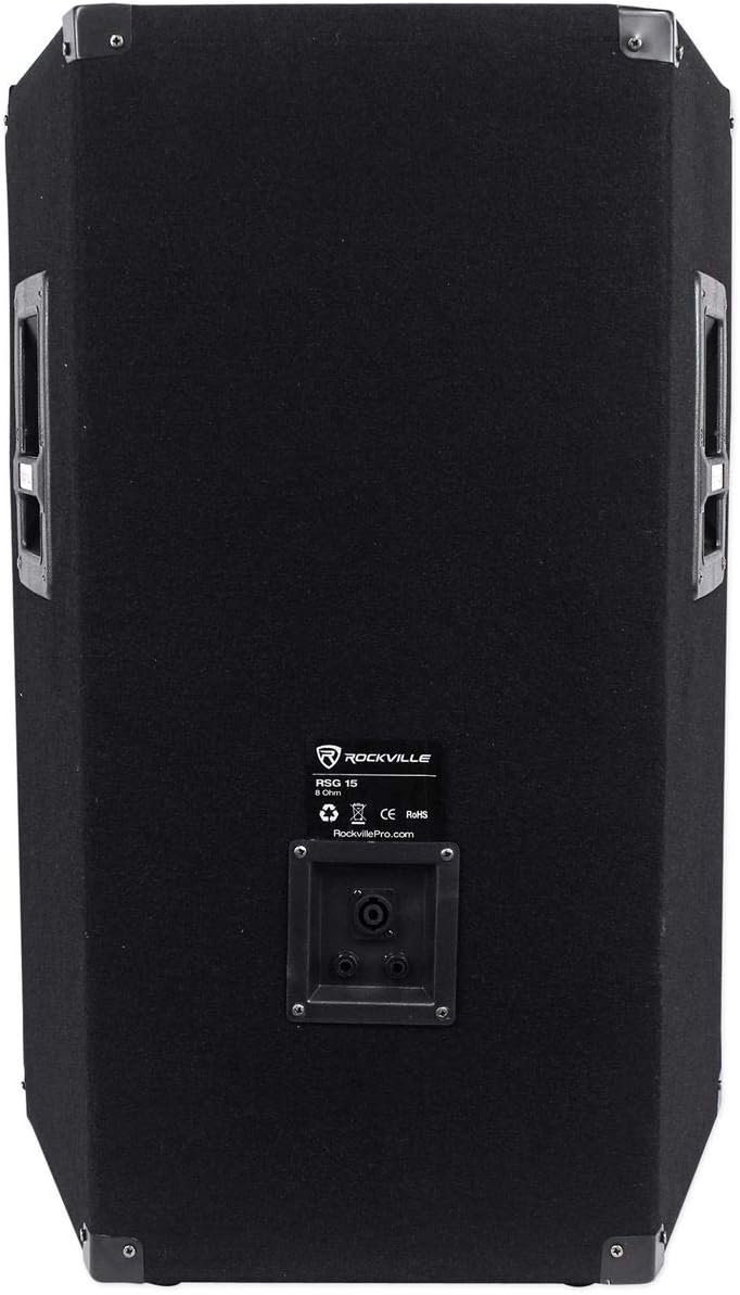 Rockville RSG15 Bundle: Pair 15-in 1500W Peak/750W RMS 3-Way PA Speakers, RPA9 3000W Peak/1500W RMS 2-Channel Amplifier, RVSS2-TSNL4 Tripod Stands w/(2) 20ft SpeakON Cables, case/Carry Bag, 4-Items