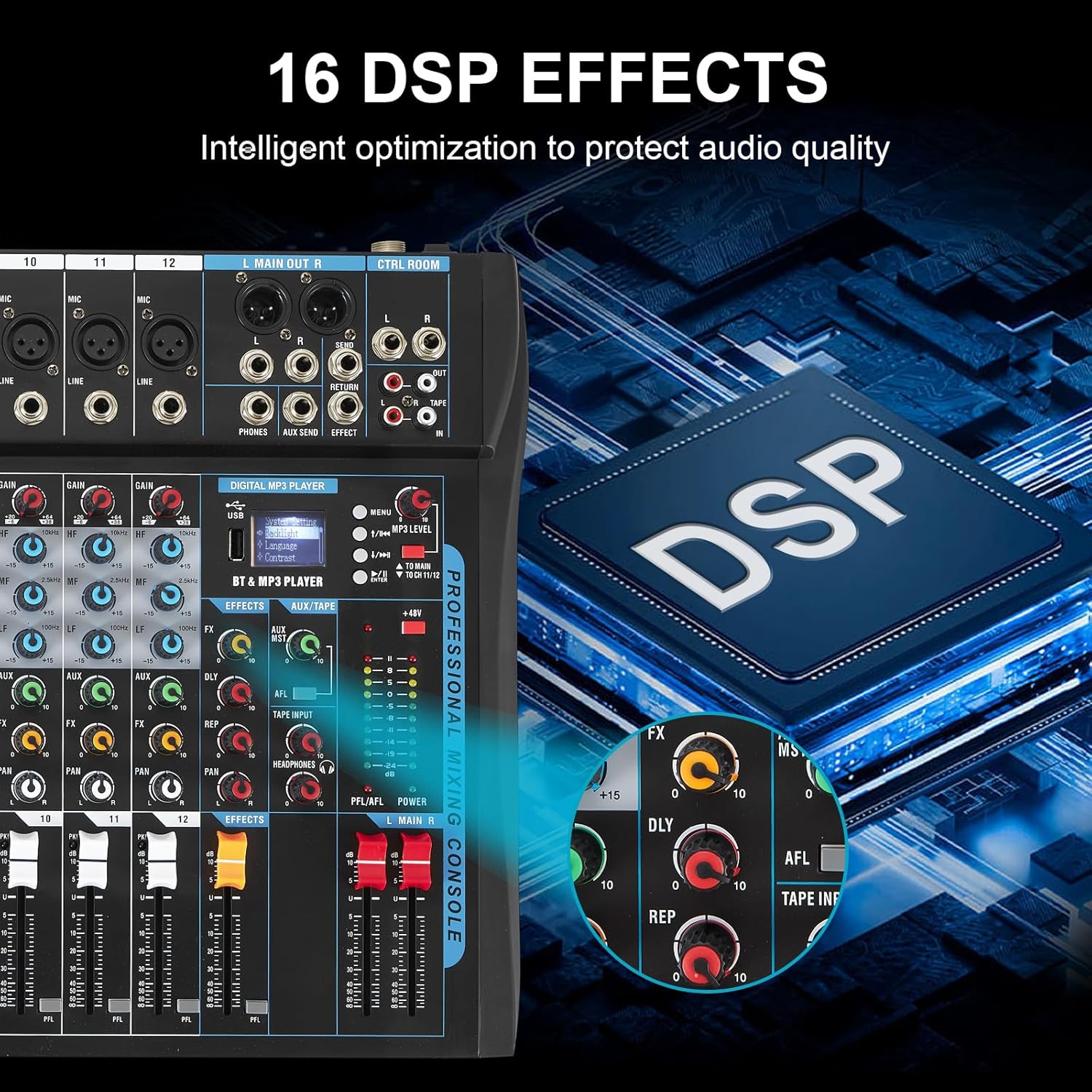 12 Channel Audio Interfacer Sound Board Mixer DJ Mixer 16-Bit DSP Effect USB Audio Mixer +48V Phantom Power Bluetooth Mixer for Karaoke Studio Streaming Recording,Live Streaming