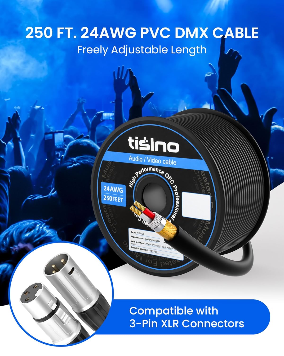 Tisino Bulk XLR Cable, Microphone Cable DMX Cable, 24 AWG Pure Copper, OFC, Flexible, Spiral Braided Shielding for DJ Studio, Live Stage for Hookup/Extension- 250 Feet