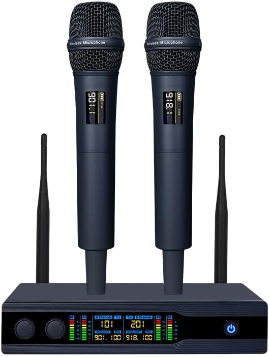 Metal Handheld Wireless Microphones with Dual Professional UHF Cordless Dynamic System,Rechargeable Microphone Receiver for Karaoke Singing, Wedding,Party, DJ, Speech, Church, Class Use,200ft
