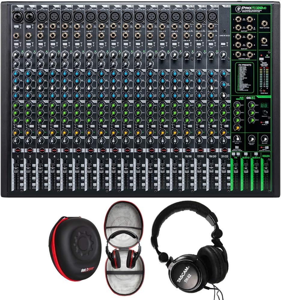 Mackie ProFX22v3 22 Channel Professional Effects Mixer with USB Bundle With Tascam Closed-Back Professional Headphones & Deco Gear Hard Case (3 Items)