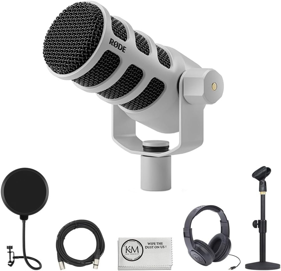 Rode PodMic USB and XLR Dynamic Broadcast Microphone | White Bundle with Headphones + Microphone Stand + 20ft XLR Cable + Pop Filter + Cleaning Cloth (6 Items)