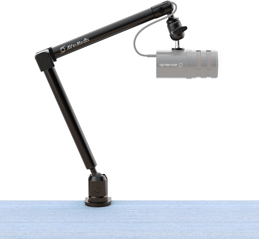 AVerMedia Mic Arm with Desk Clamp, Fully Adjustable Boom Arm, 1/4” to 5/8” Adapter, Heavy Duty Mic Stand for Studio, Podcast, Gaming, including both High & Low Profile Mic Arm setups- FLEXI go BA311L