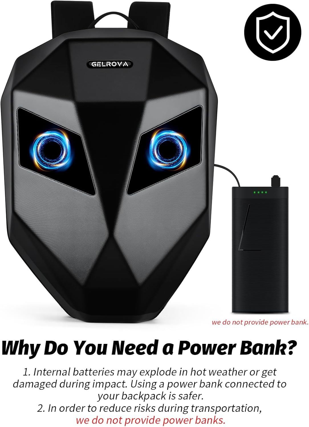 Gelrova Knight Motorcycle Backpack with LED Eyes, Waterproof Hard Shell Scooter Bag, Laptop Backpack for Riding, Cycling, Travel, Large Size 19in