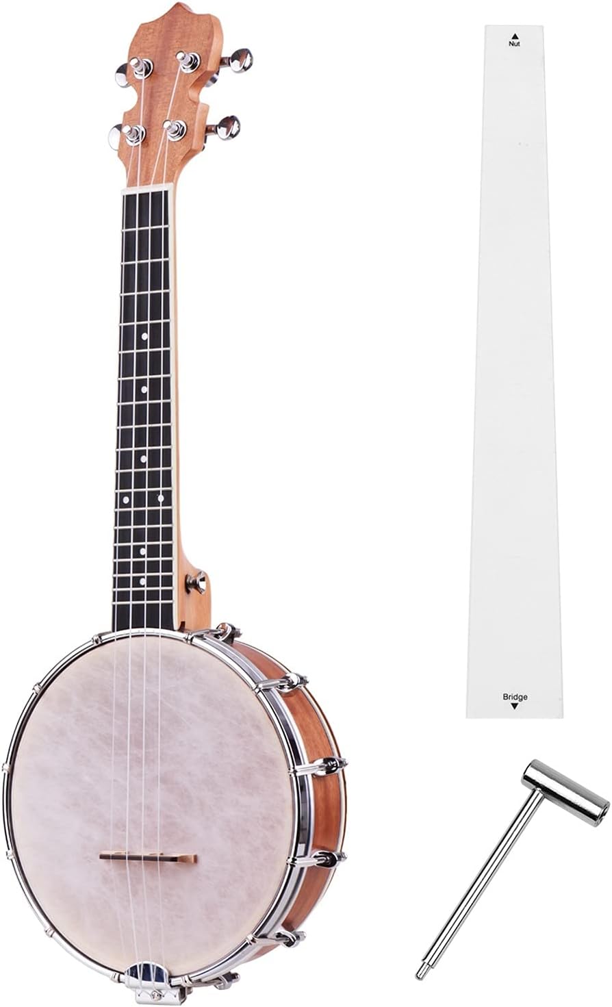 Children Ukulele 23-inch Open Banjo 4 String Banjo Maple Body Ogome Neckband Tuning Wrench Bridge (Color : Tan)