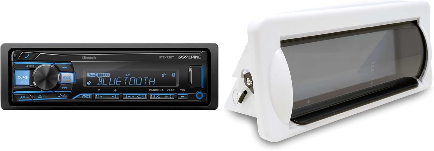 Alpine UTE-73BT Mech-Less Digital Media Receiver with Bluetooth® Wireless Technology with Creative Audio CAMC1W Marine Single DIN Radio Mounting Kit with Retractable Cover (White)