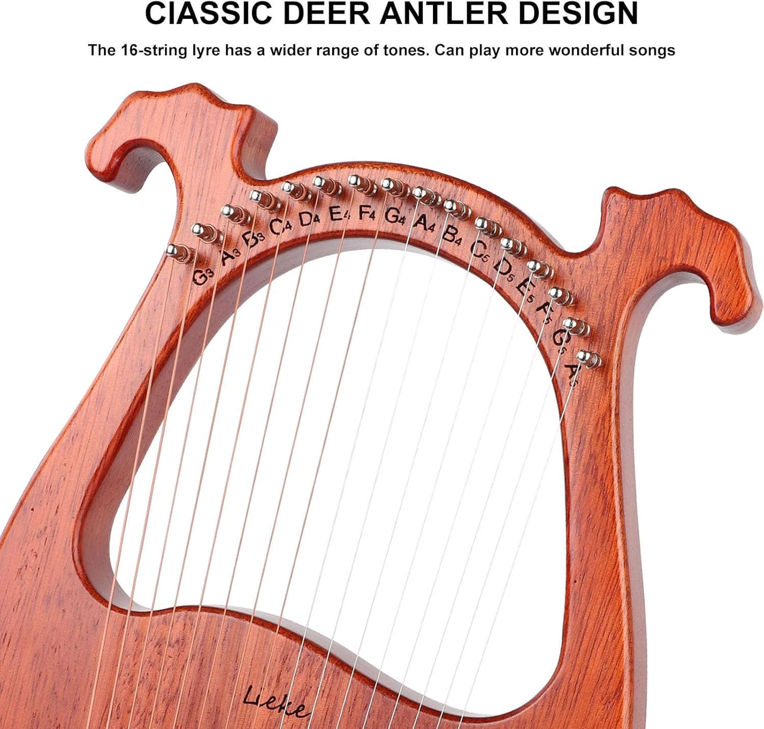 LIEKE Lyre Harp 16 Metal Strings,Mahogany Body and Copper Saddle,Mini Harp instrument Gift with Bag Tuning Wrench for Beginner Musician